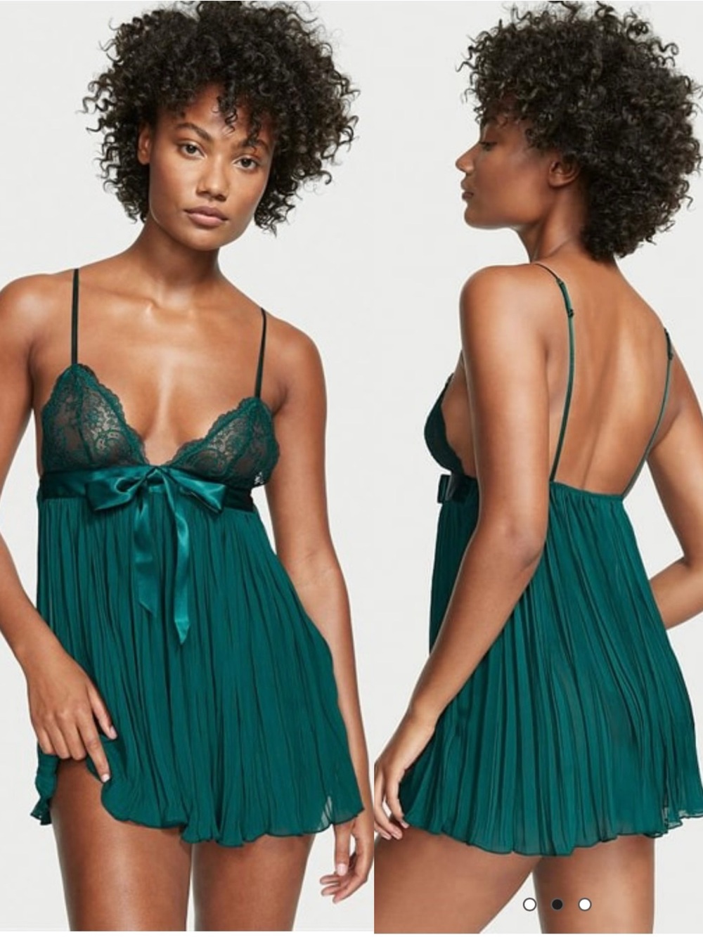 Victoria’s Secret Green Lace Pleated Babydoll Lingerie Satin Bow Size L
